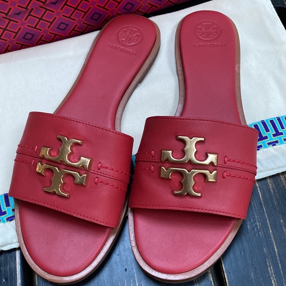 Tory Burch Everly Slides in Red with Gold Logo - Picture 3 of 10
